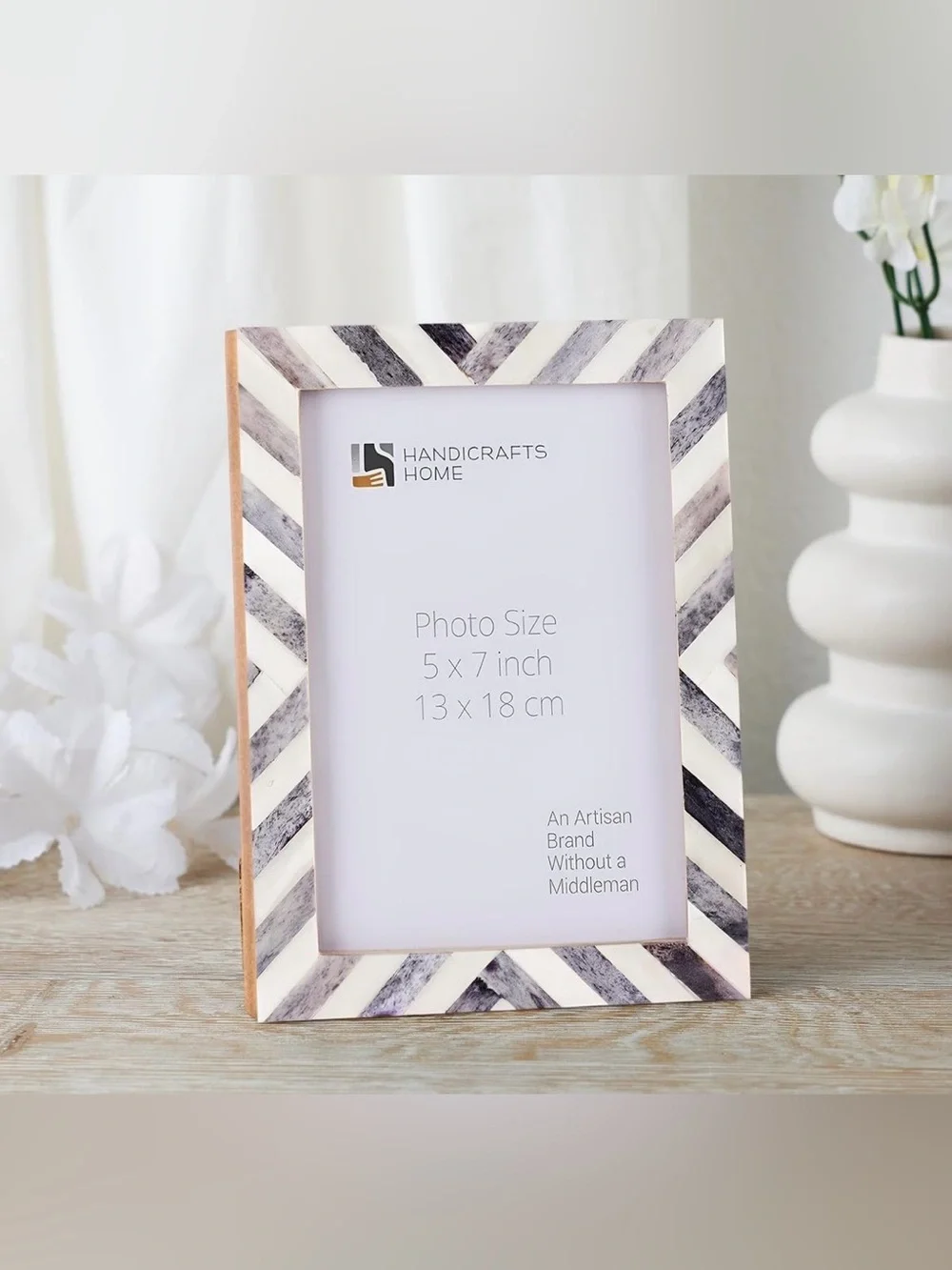 Handicrafts Home Striped 5x7 Photo Frame in White and Gray